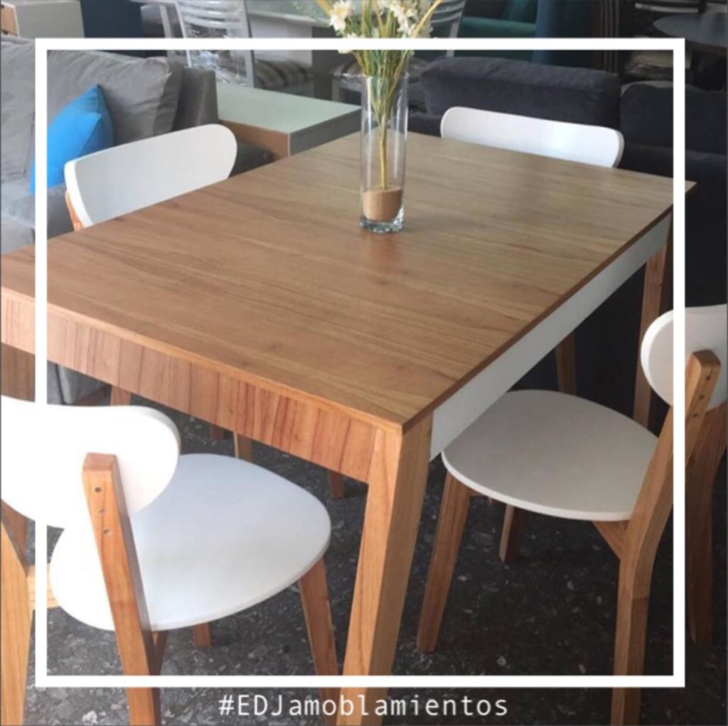 juego de comedor. mesa con 4 sillas. fabricada en paraiso lustrado natural y mdf laqueado en blanco